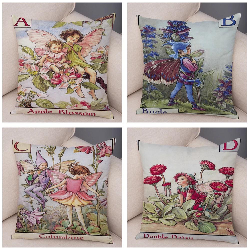 Vintage Floral Girl Pillowcase Decor Cute Cartoon Flower Elf Fairy Tale for Sofa Home Pillow Case Soft Plush Cushion Cover