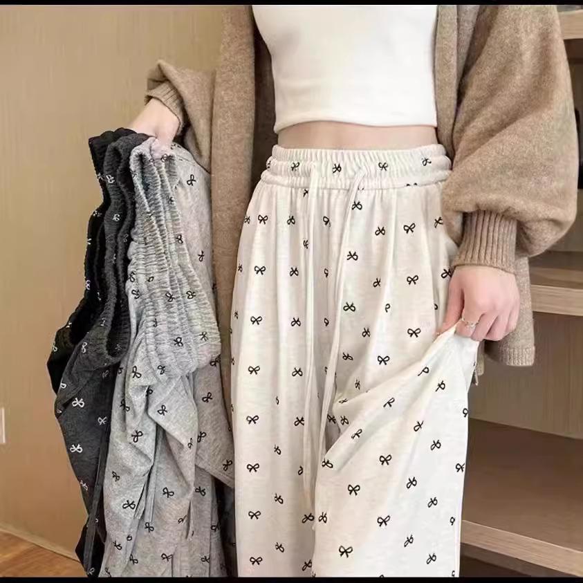 Korean Retro Bow High-Waisted Wide-Leg Silky Pants for Women