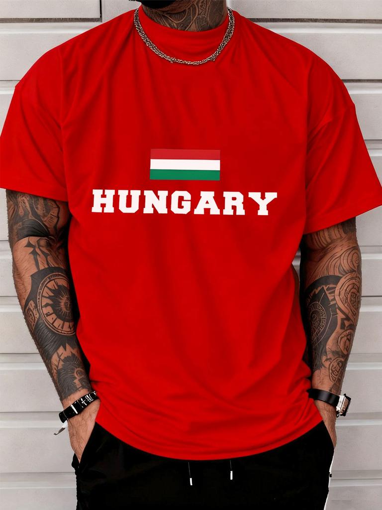 Patriotic Hungary National Flag Letter Front Graphic Print Unisexs Crew Neck Short Sleeve Tee Casual Daily Soft Basic Wear Top