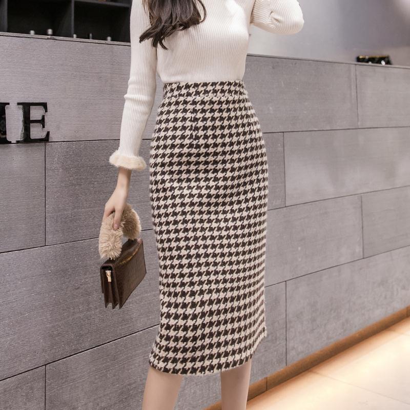 Autumn Winter Elegant Fashion Houndstooth Print Pencil Skirts Office Lady High Waist Temperament All-match Split Bodycon Skirt