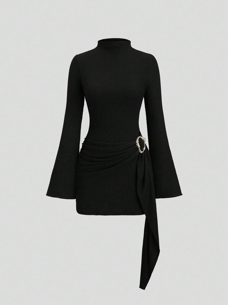Spring Knit Texture Solid Color Slim Fit Flattering Metal Buckle Dress Mature Style French Retro Patchwork Slim Sexy Elegant Women Maxi Dress