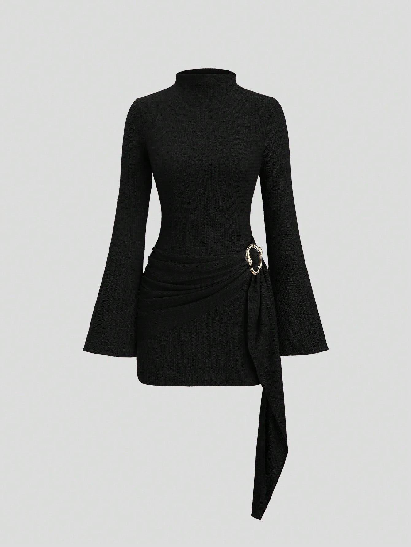 

European and American spring new knitted texture pattern solid color slim and thin metal buckle dress XXL чорний