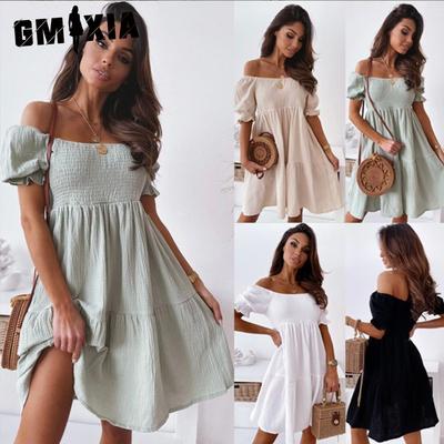 Sexy Kleid mit Schlitz am Hals Damen Kurzarm Sommer Plissiert Puffärmel Offener Rücken Party Strandkleider Weiblich Elegant Uni Knielang