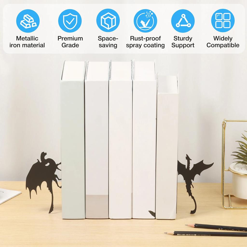 2Pcs Dragon Bookend Stable Dragon Metal Bookend with Rust Proof Spray Paint for Shelves for Securing File and Magazine Home