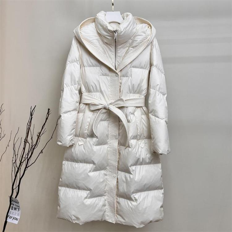 Warm Thickened Slim Fit Down Coat Long Hooded Knee Length Solid Color Casual Waist Slimming Winter Jacket