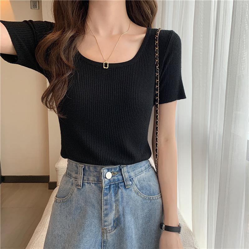 Fashion Ice Silk Short Sleeved Knitted Women's T-shirt Spring Summer New Slim Fit Thin Pullover Bottomed Sweater Women's Short Top Women's Clothing