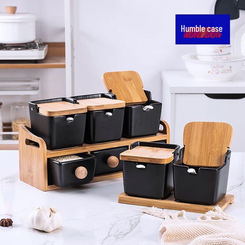 Qianxing Japanese Style Ceramic Spice Jars with Bamboo Lids