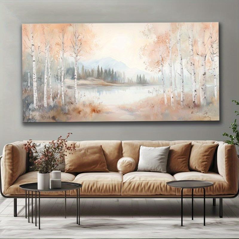 Birch Lined Lake Canvas Wall Art Painting, Frameless Canvas Wall Art Picture Living Room Printing Art Office Home Decortion