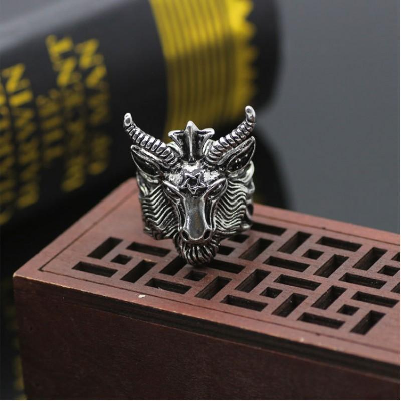Adjustable Sterling Goat Head Pentagram Ring Men Women Vintage Punk Statement Jewelry