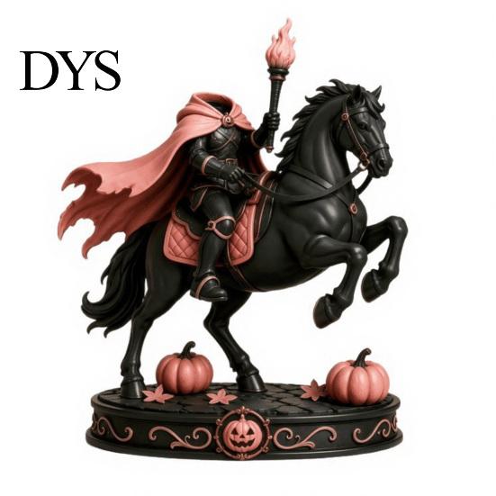 Rosa Gothic Zimmerdeko Kopfloser Fackelritter Figur mit Pferd Kürbis, Harzstatue für Halloween Kaminsims Tischplatte Wohnkultur, Geschenk Sammler