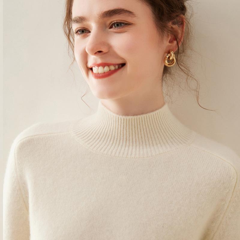 Women's Cashmere Half High-Neck Sweater - Autumn/Winter, Thickened, Solid Color, Loose Saddle Shoulder Knit.