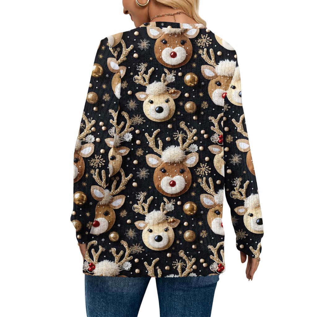 Women's Fashionable Loose-Fit V-Neck Long-Sleeved T-Shirt Christmas Print Pullover
