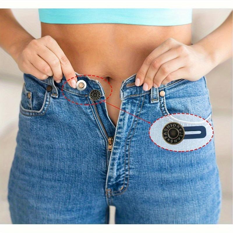 4-piece adjustable denim button extender - copper button with blue plastic handle, unisex elastic waistband extender