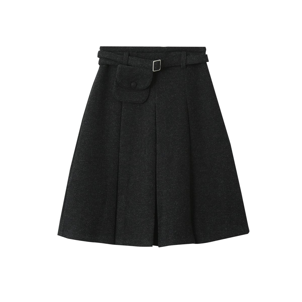 Oufan Women s Black High-Waisted Korean Style Wool Blend A-Line Skirt 11123 S
