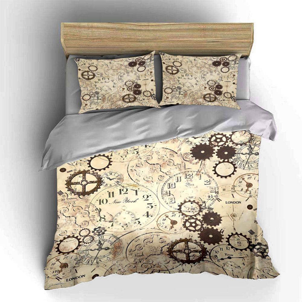 Vintage Clockwork Design Bedding Duvet Cover Set Duvet Cover Pillowcases (1*Duvet Cover 2*Pillowcases, without duvet insert)