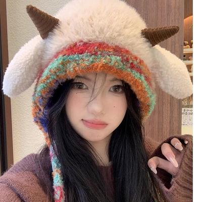 Cute Lamb Ears Plush Hat Women's 2025 New Season Strap Knitted Ear Hat Wool Pullover Hat