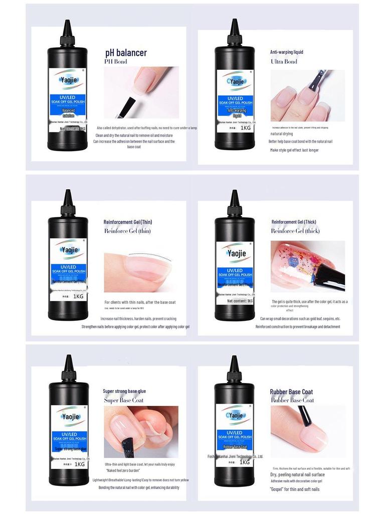 Gel Nail Polish Kit: Long-Lasting Base, Reinforcement, Tempered Top Coat, and Extension Building Gel for Salons.