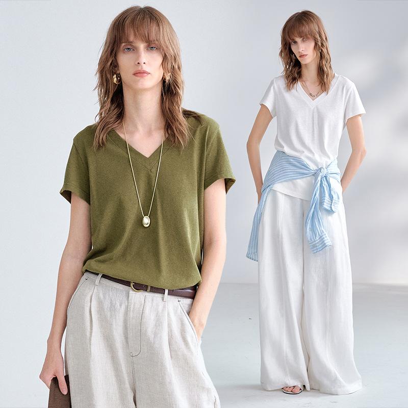 Leichter Luxus einfaches Hanf V-Ausschnitt T-Shirt Damen Sommer kühl atmungsaktiv Baumwolle und Leinen kurzärmelig Pendeln Vorderseite Schulter erfrischend vielseitig zu