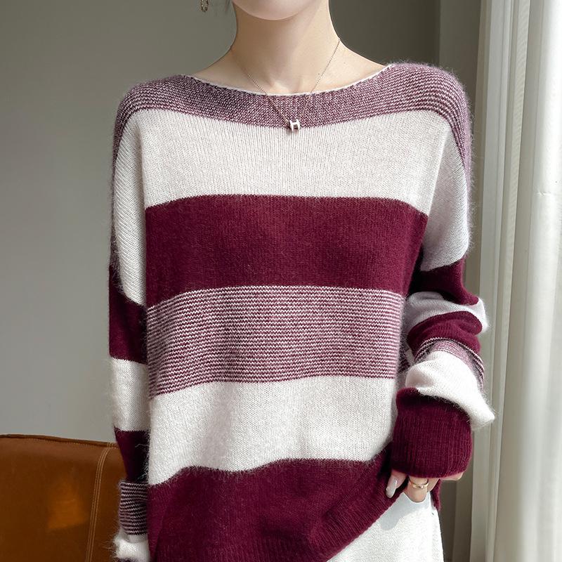 Autumn/Winter Wool Color Block Wide Stripe One-Shoulder Pullover Sweater