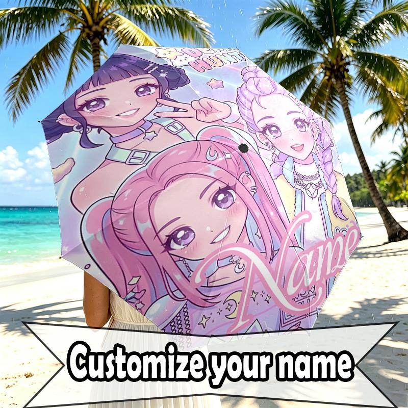 Custom Name Personalized KPop Demon Hunters Print Umbrella, Auto Open Close, 8‑Rib Sturdy Frame, Commute Camping Hiking Use, Birthday Gift