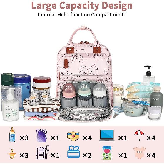 Diaper Bag Backpack, Baby Girl Diaper Bag for Mom, Large Pink Floral Diaper Bag Backpack for Girls, Waterproof Mom Backpack for Work Travel Holiday