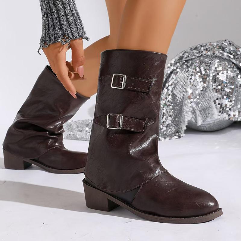 Mid Heels Women's Boots Fashion Mid Calf Heels Shoes  Pumps Leather Winter Boots New Gothic Walking Designer Mujer Botas