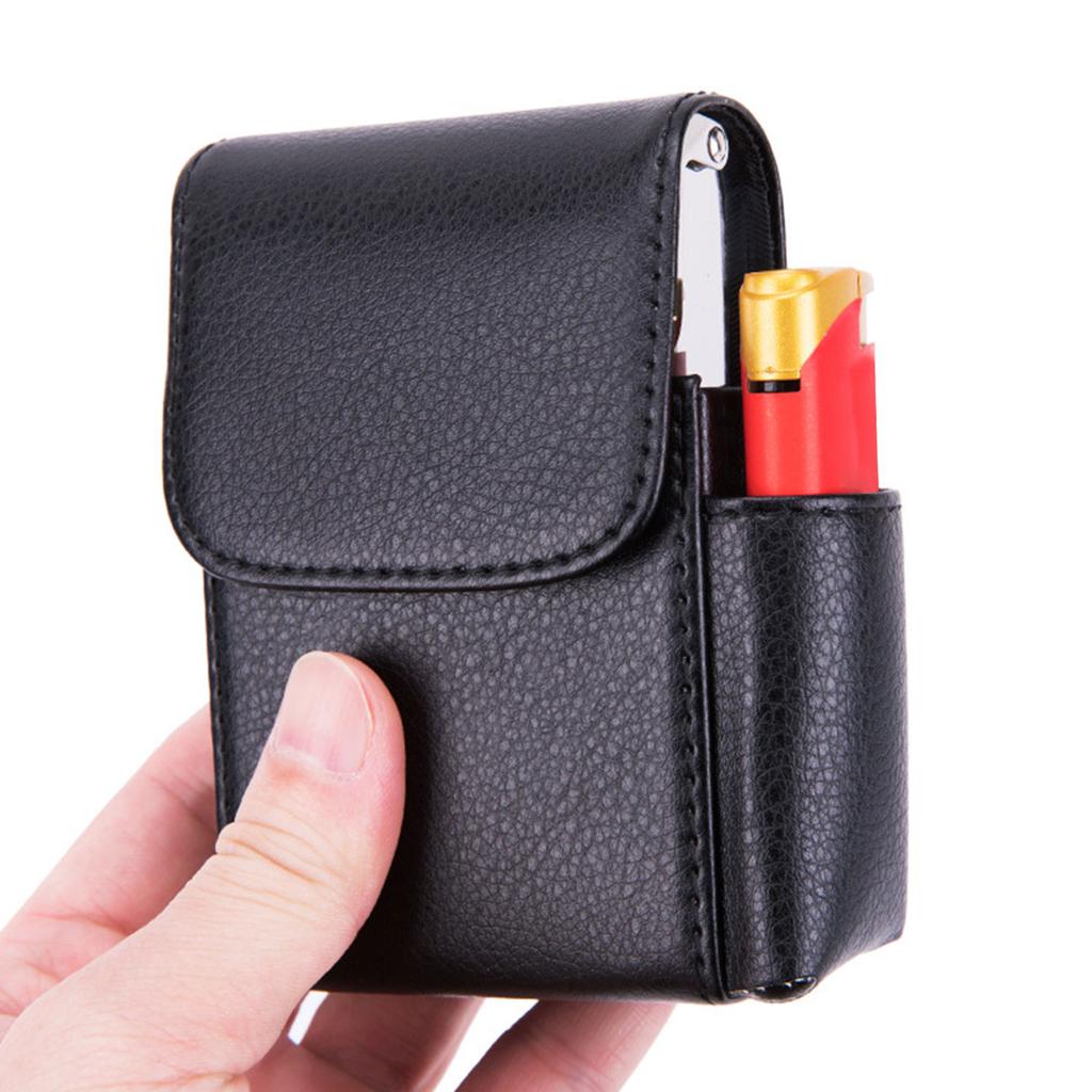 Stylish Unisex Cigarettes Case with Integrated Lighter Holder PU Leather Lighter Organizer Cigarettes Storage Container