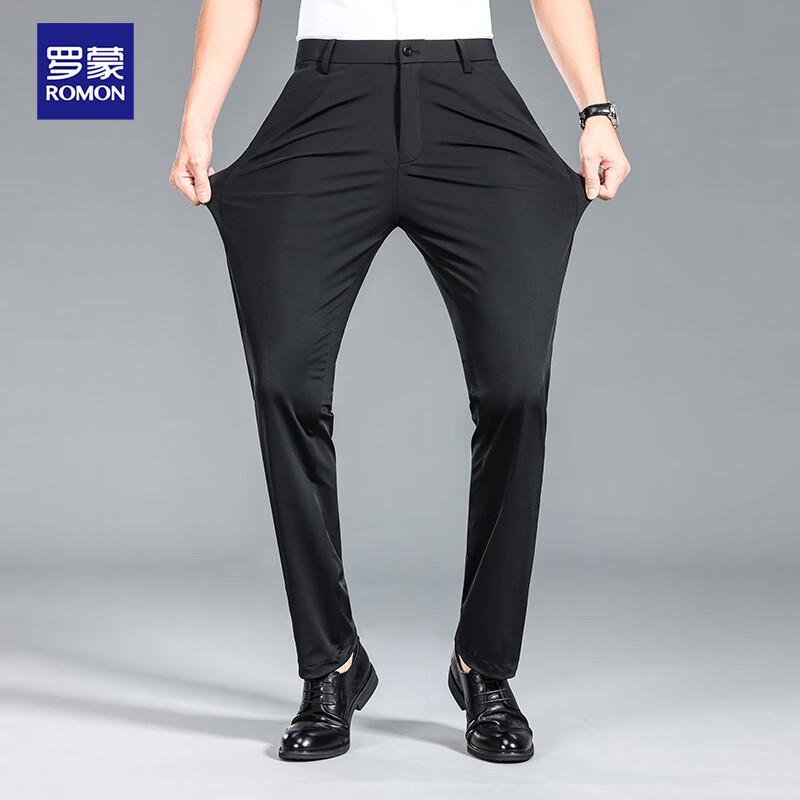 ROMON Men's Ice Silk Wrinkle-Free Stretch Straight-Leg Business Casual Pants