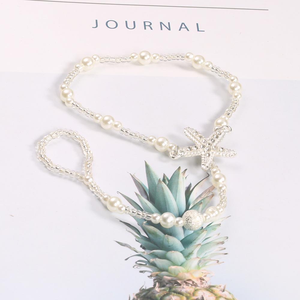 Rhinestone Starfish Pearl Finger Elastic Anklet, Bridal Foot