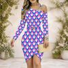Women S Plus Size Chain Strap Cold Shoulder Long Sleeve Printed Asymmetrical Bodycon Dress