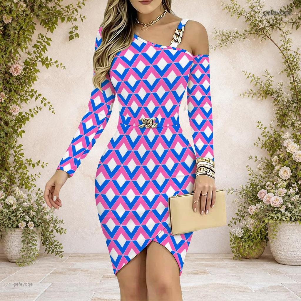 Women S Plus Size Chain Strap Cold Shoulder Long Sleeve Printed Asymmetrical Bodycon Dress