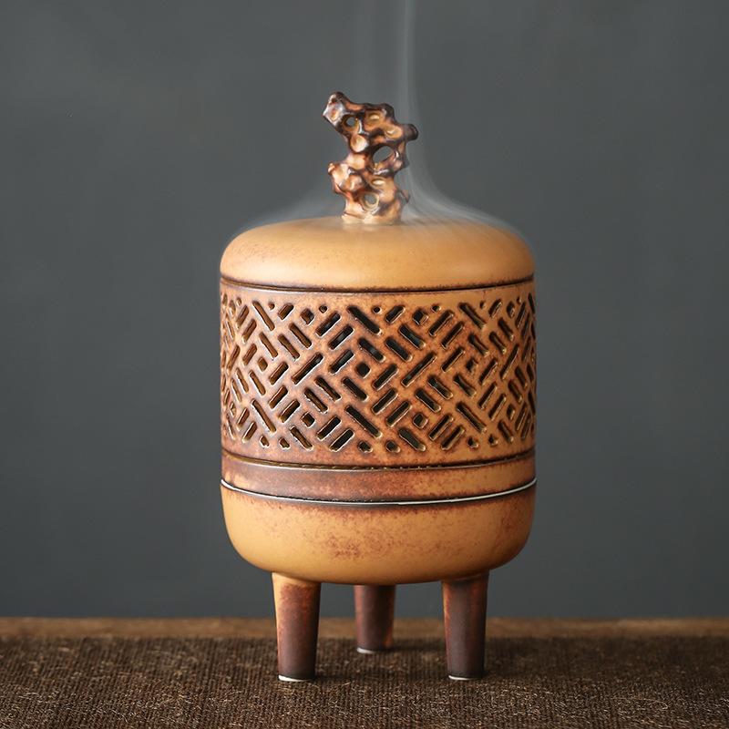 

Antique Carved Ceramic Incense Burner Hollow Design for Zen Tea Ceremony Aromatherapy Odor Eliminating Gift Box Home Decor