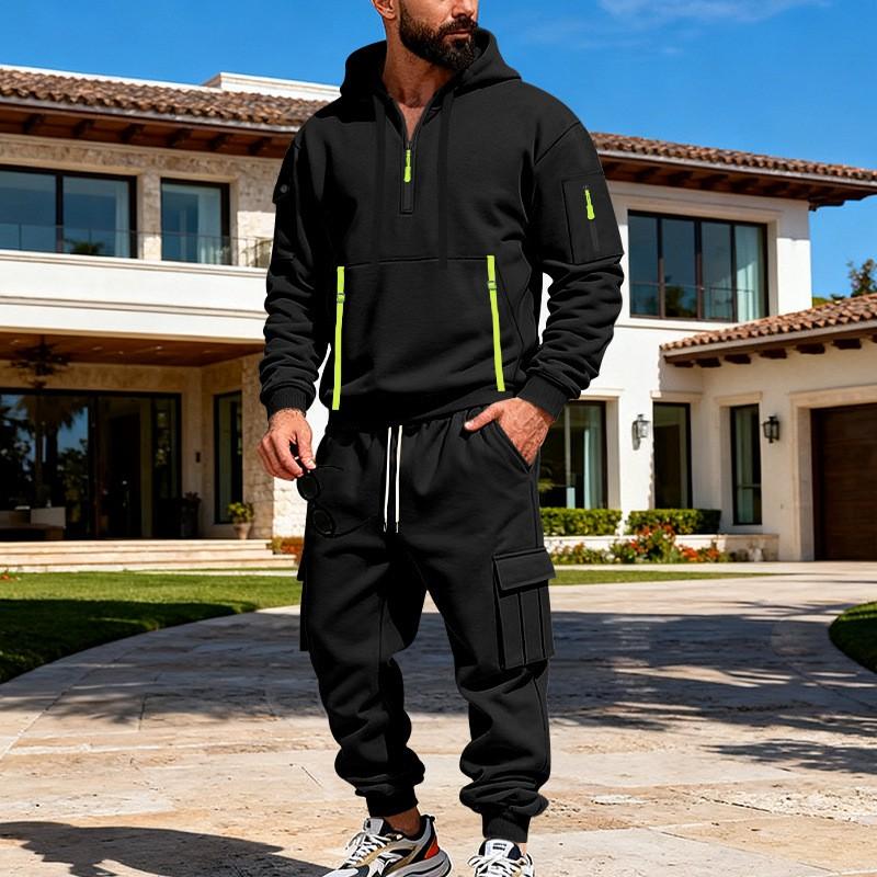 Mens Winter Oversized Hoodie Cargo Pants Set Thick Fleece-Lined Casual Streetwear Outfit Young Adults