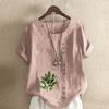 Women's Fashion Green Leaf Prined Round Neck Short Sleeve T-shirt Casual Cotton Linen Graphic Shirt Leisure Loose Summer Blouse Tops