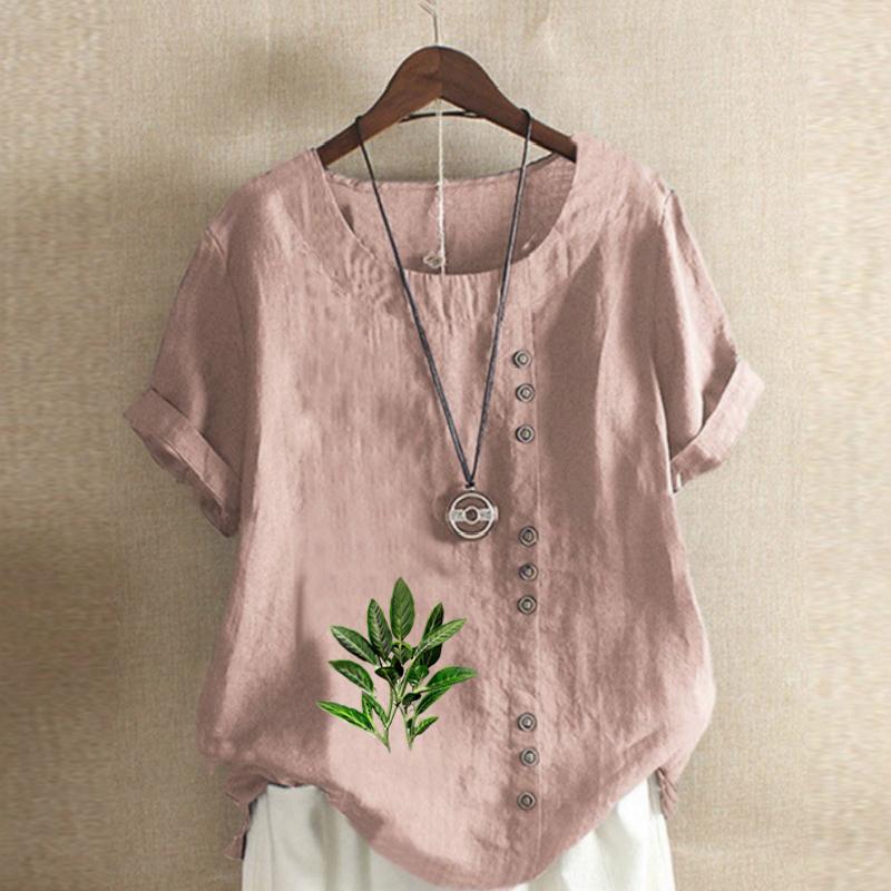 Women's Fashion Green Leaf Prined Round Neck Short Sleeve T-shirt Casual Cotton Linen Graphic Shirt Leisure Loose Summer Blouse Tops