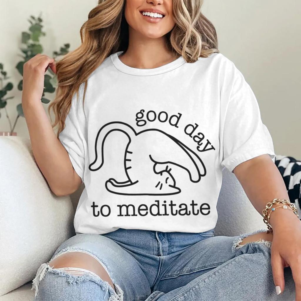 Cute Cat Yoga T Shirts Good Day To Meditate Retro Graphic Tees Women Unisex Short Sleeve Mom Dad Fun Casual Round Neck Tshirts