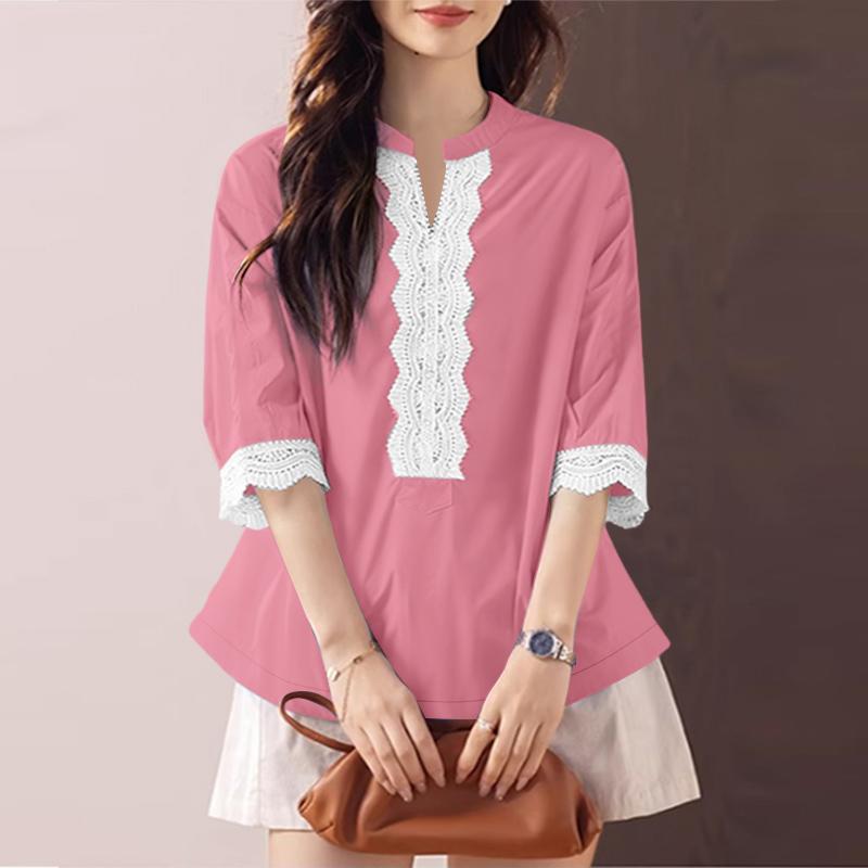 ZANZEA Women Casual Lace Patchwork V-Neck 3/4 Sleeve Blouse 5XL камео розовый