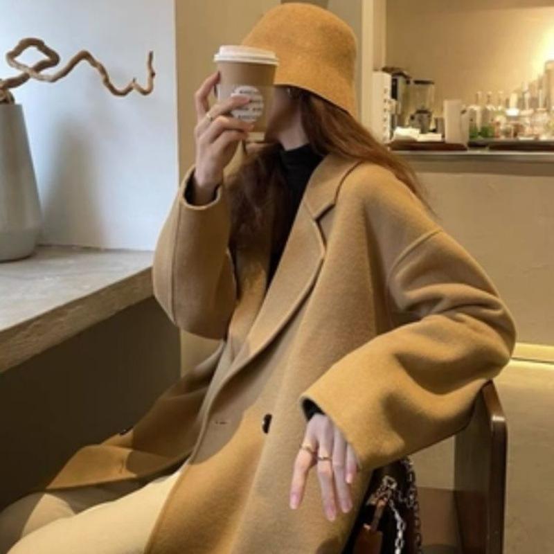 Oatmeal Color Double-sided Velvet Coat for Women Autumn and Winter New Korean Style Mid-length Knee-length Woolen Coat