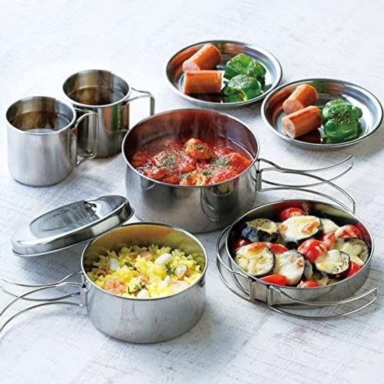 Kakusei Outdoor Cooker Round Type 8-Piece Set Stainless Steel Pot Frying Pan Plate Mug Direct Flame Compact Storage Bag Camping SOLA PP-02