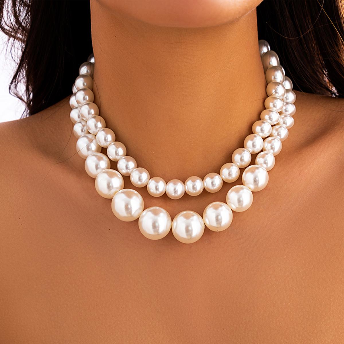 

2Pcs/Set Luxury Elegant Big Imitation Pearl Choker Necklace for Women Exaggerated Multilayer Beaded Collar Chain Wedding Jewelry білий
