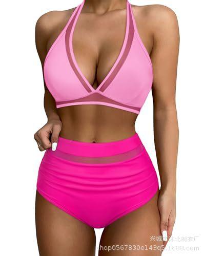 Women's Sexy High Waist Bikini Set Mesh Belly Tuck, Two-piece Swimsuit