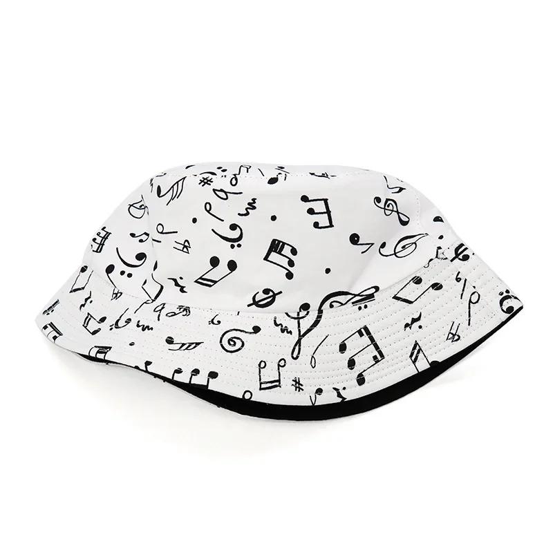 Módní bílé klobouky bucket s hudebním motivem, sluneční klobouky, hip hop pánské dámské rybářské klobouky