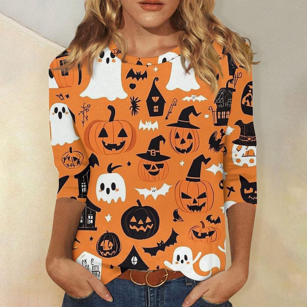 Women's Fashion Casual Three-quarter Sleeve Halloween Printed Round Neck Top