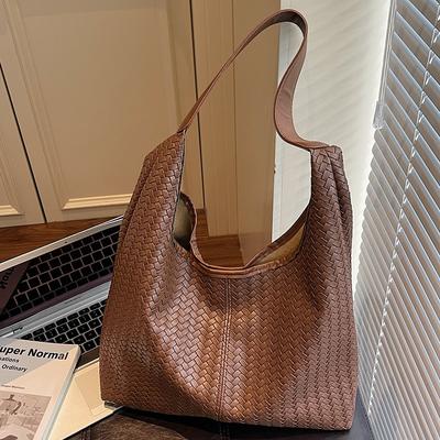 Retro Large-capacity Bag Women's Trendy Fashion New Simple Shoulder Bag Woven Pattern Casual Commuter Tote Bag