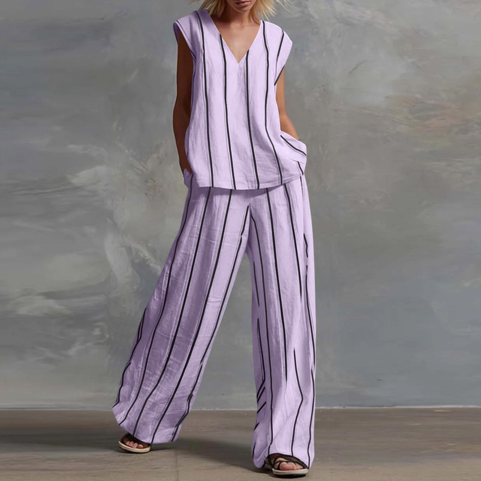 

Ladies Fashionable Casual V-neck Striped Top And Casual Pants Two-piece Set S фіолетовий