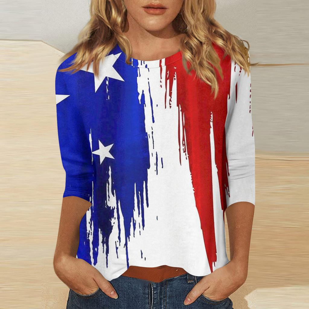 Women's Independence Day Print Round Neck Seven-Eighths Sleeve Top