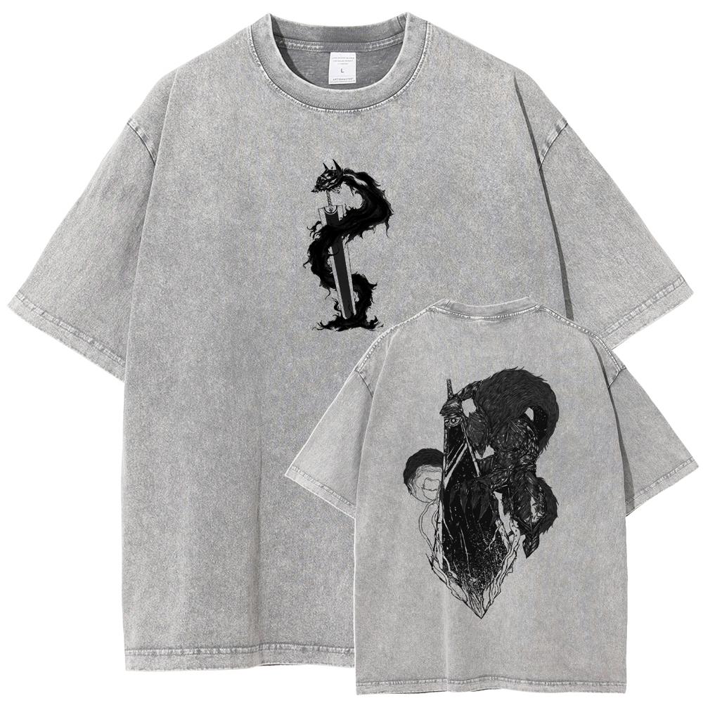 Berserk Guts T Shirt Manga Griffith Printed  T-shirt Men Unisex Clothes Street Vintage Washed Tshirt Short Sleeve Cotton Tees