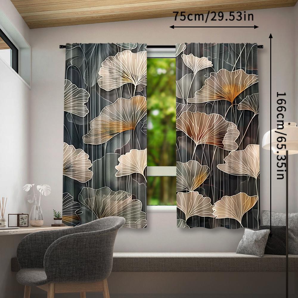 2pcs Stylish Leaf Print Curtains for Living Room   Bedroom & Balcony - Semi-Transparent Polyester Rod Pocket Window Treatments wi