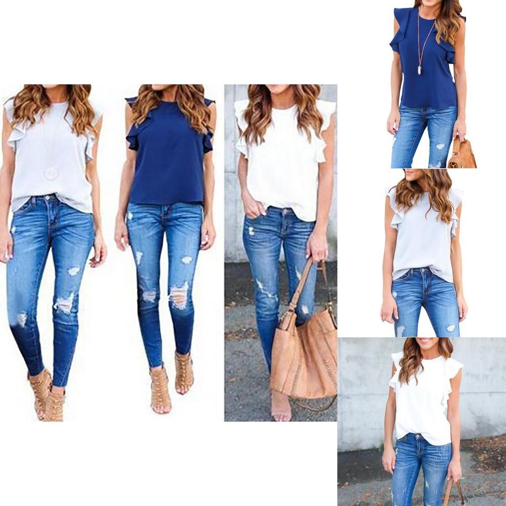 Elegant Ladies Summer Lotus Lace Short Sleeve Casual Shirt Tops Blouse T-shirt