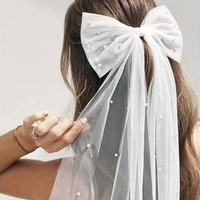 Véu Elegante com Laço de Noiva e Pérolas de Imitação Tule Branco Acessórios de Casamento com Presilha